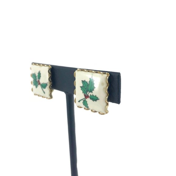 Vintage Ceramic Holly Christmas Earrings - Picture 2 of 8